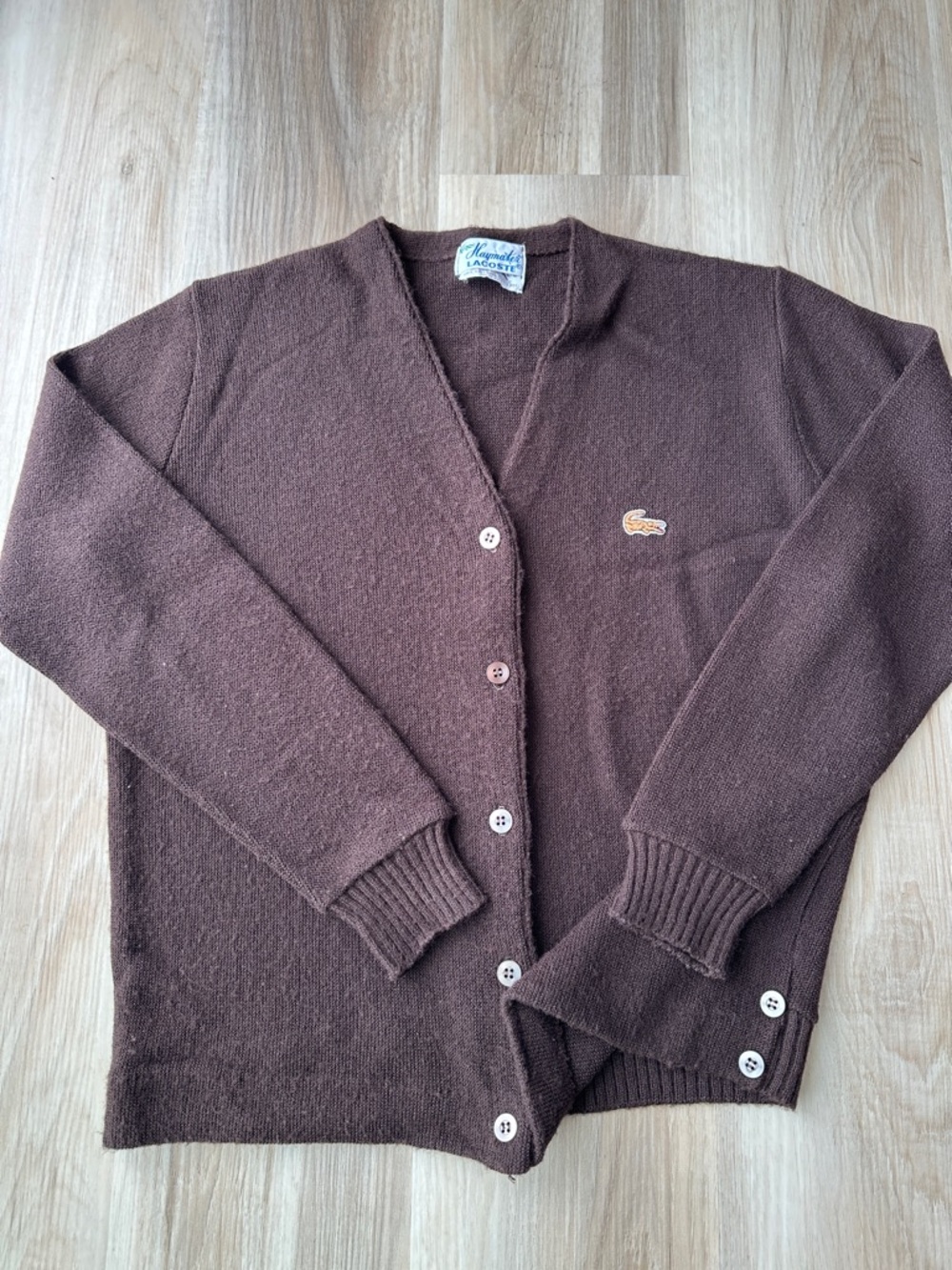 Vintage Lacoste Brown V-Neck Cardigan with Crocodile Patch.